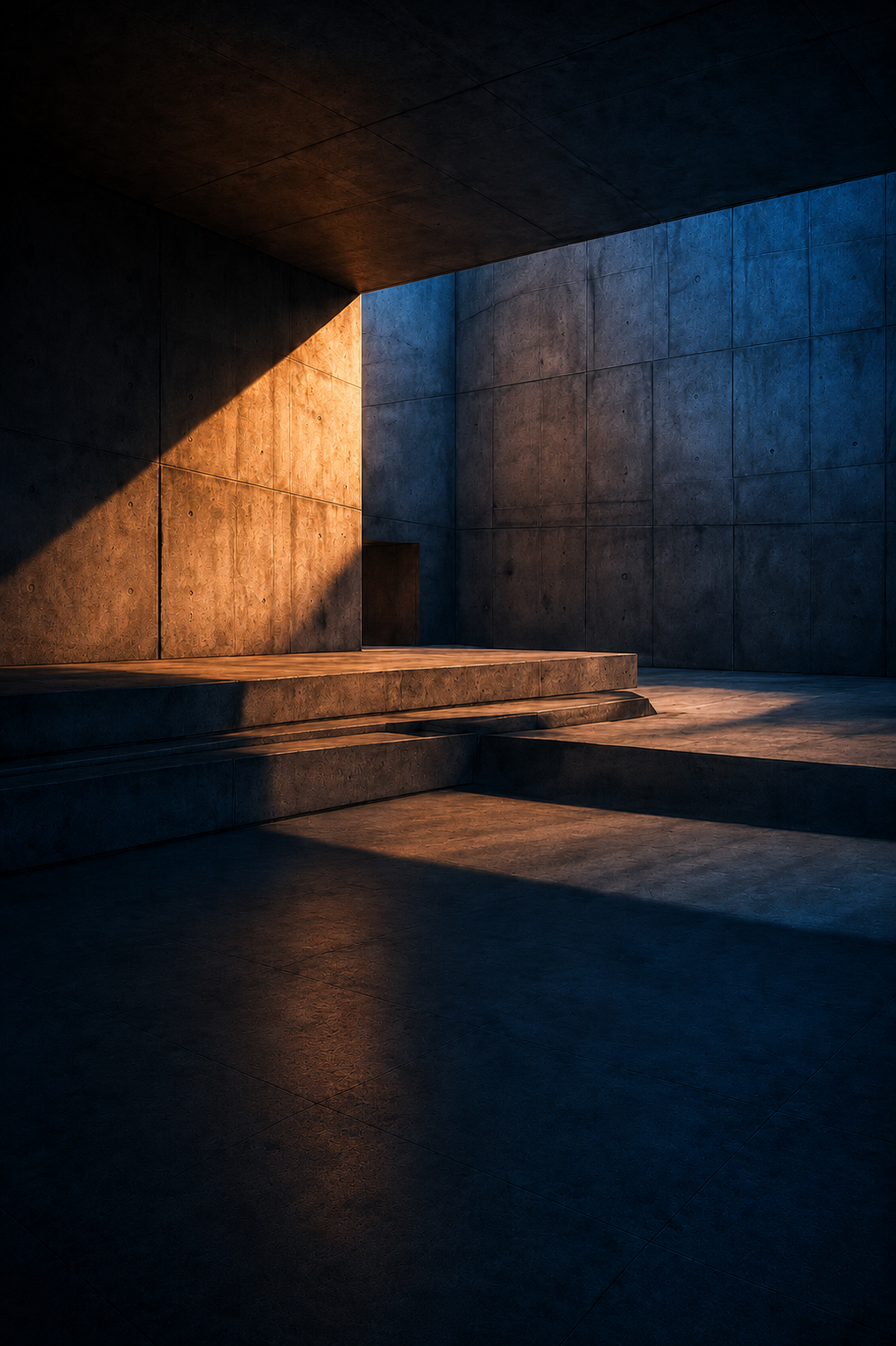 Concrete space shaped by warm and cool light.