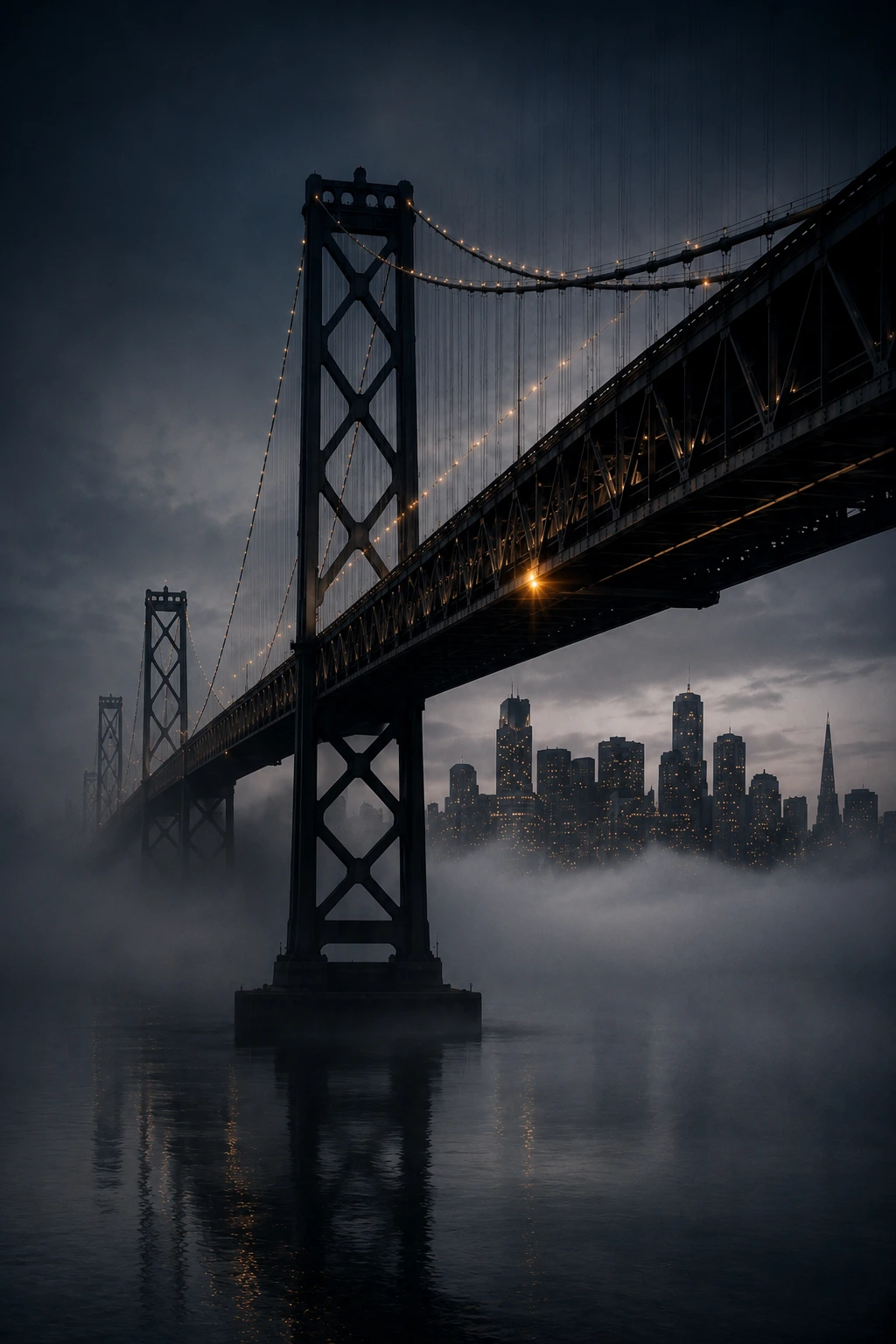Suspension bridge and city skyline above the water.