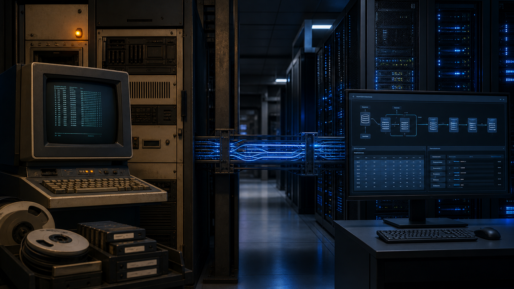 Legacy enterprise computers connected to a modern data platform and server racks.